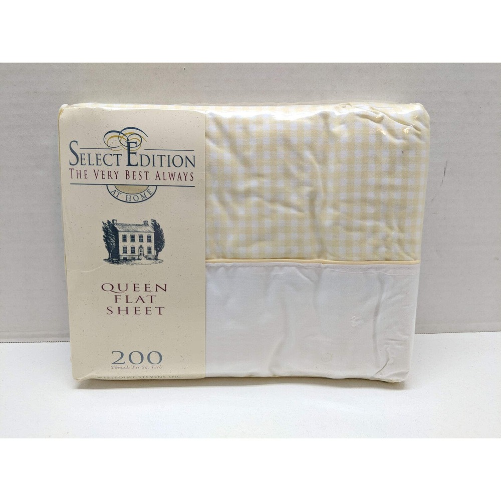 Vtg Stevens Select Edition Queen Flat Sheet Gingham Yellow 200 Thread Count USA